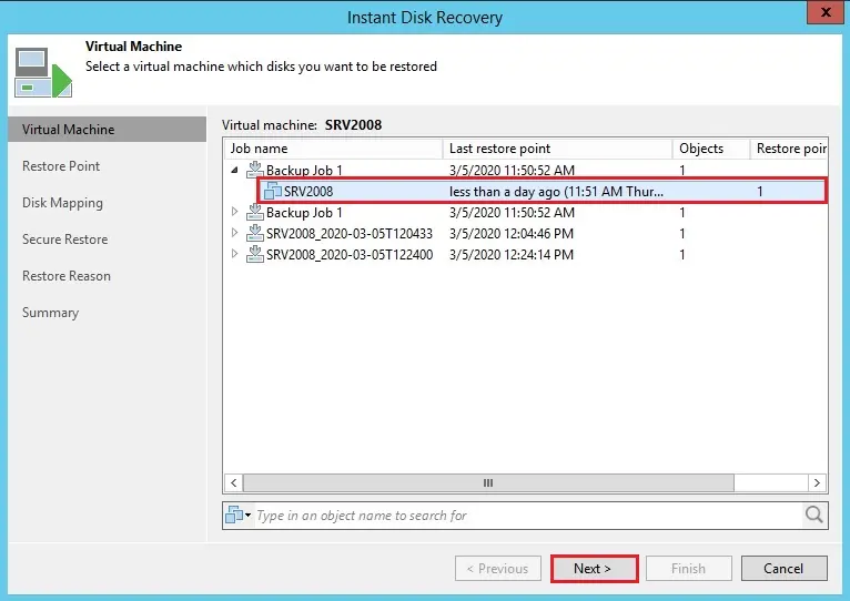 Instant disk recovery restore point