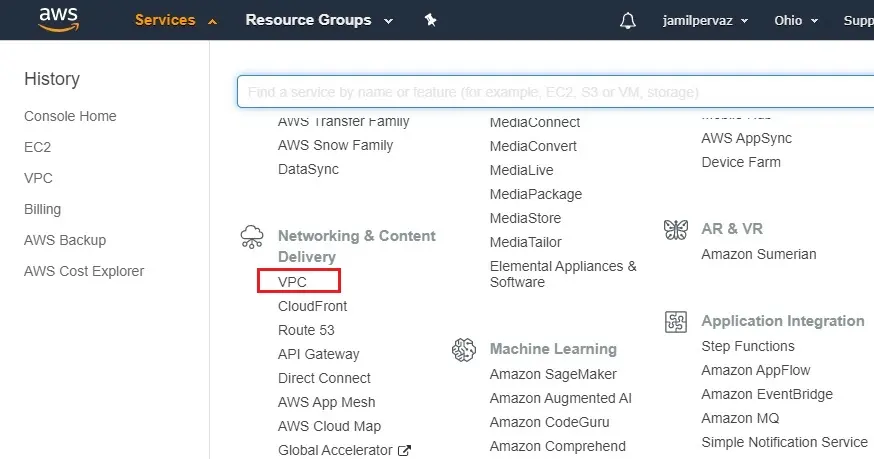 aws management console services