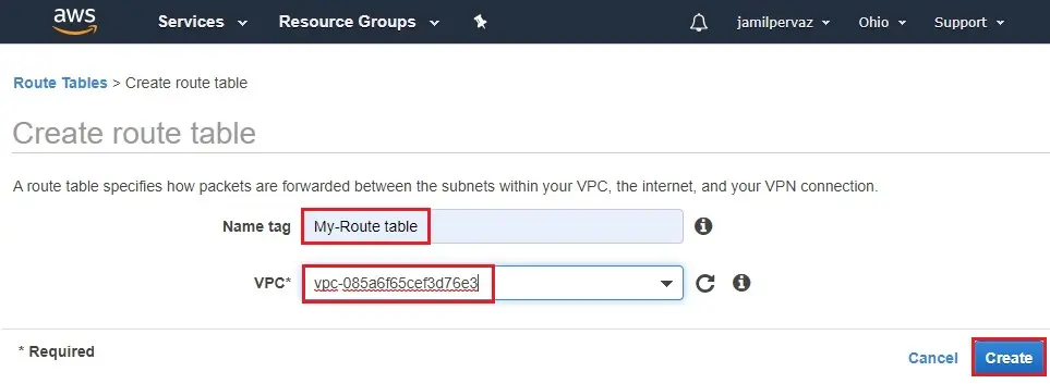 create route table name