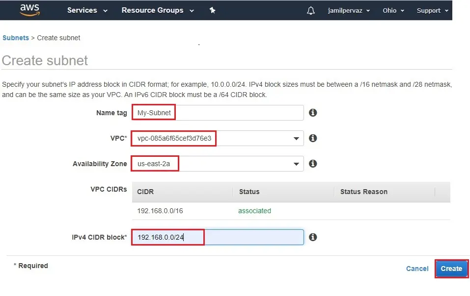 create subnet aws