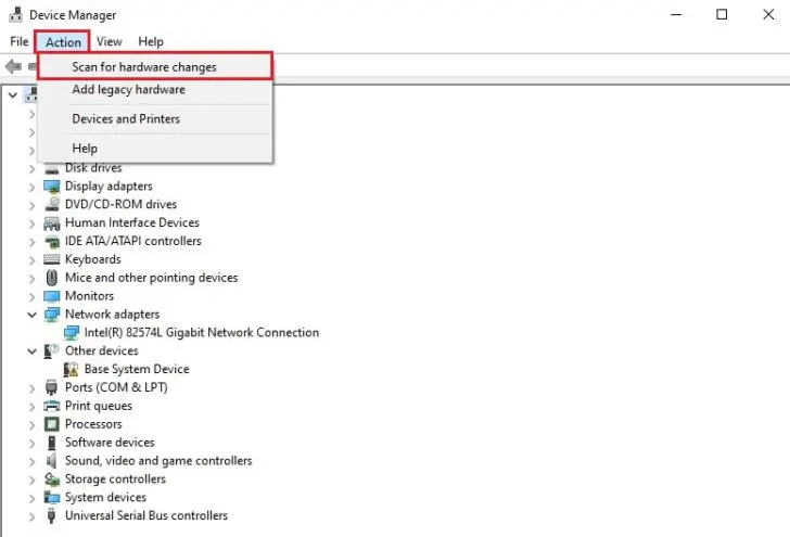 device manager action menu