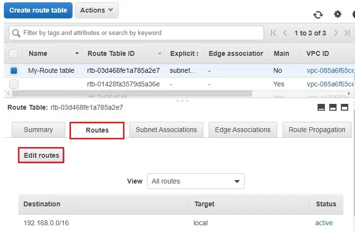 edit routes aws