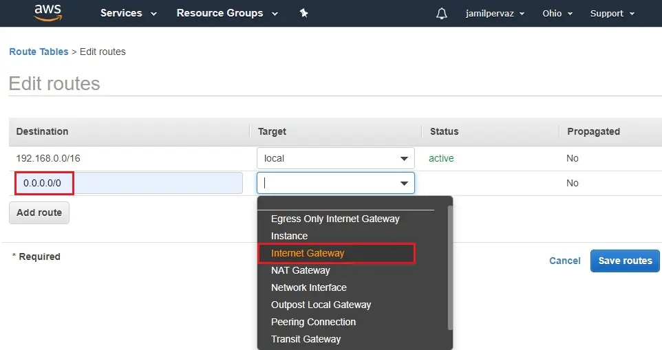 edit routes target aws