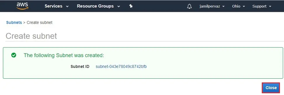 following subnets successfully created