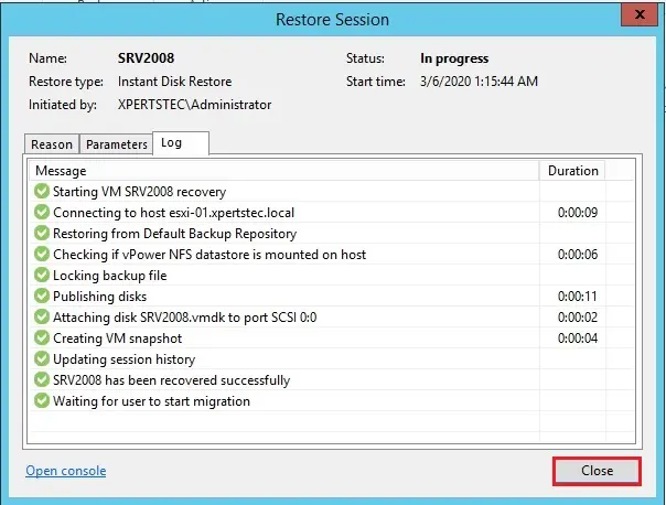 instant disk recovery session