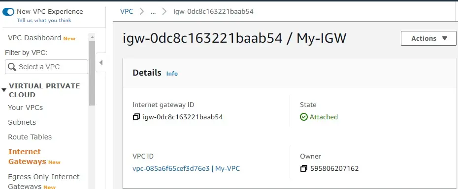 internet gateway status attached