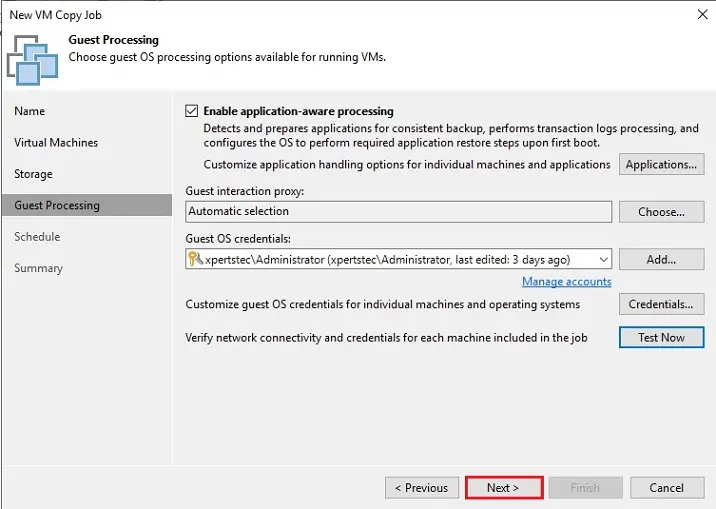 new vm copy job guest processing