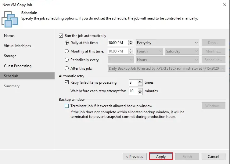 new vm copy job schedule