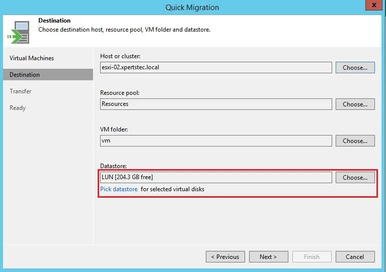 quick migration choose datastore