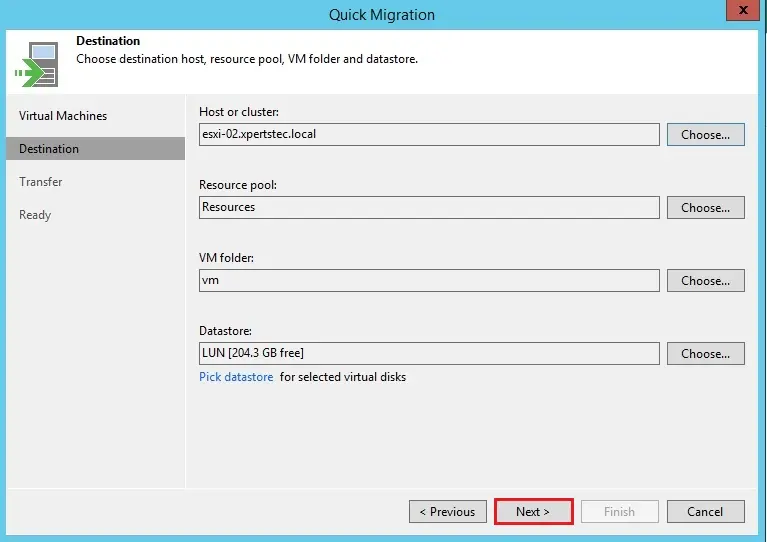 quick migration choose host