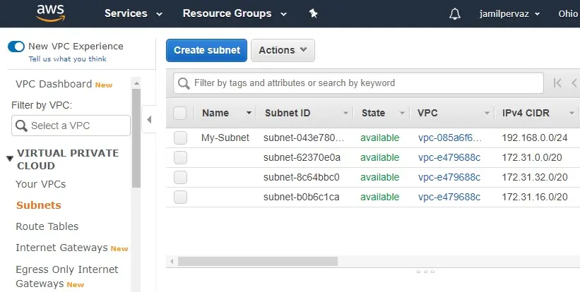 subnet amazon management console