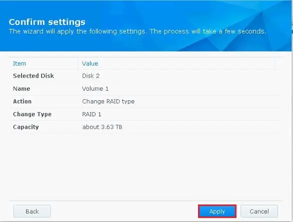 synology raid confirm settings apply