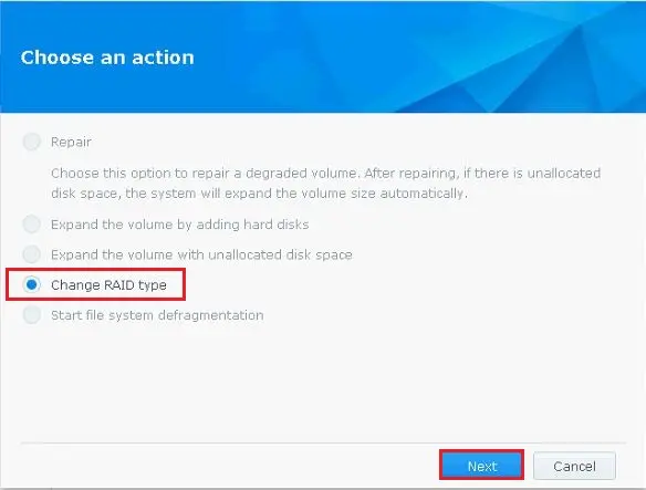 synology storage choose an action