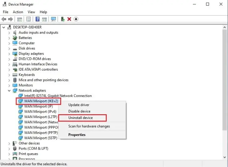 uninstall device wan miniport