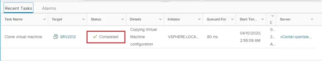 vsphere recent tasks