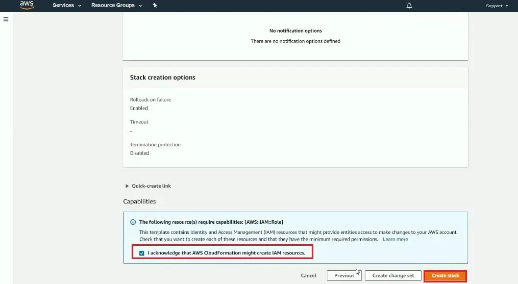 aws stack creation options