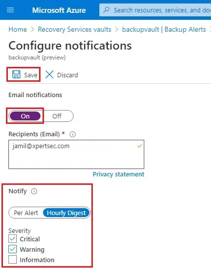 azure backup configure notifications