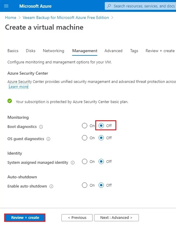 azure create a vm management