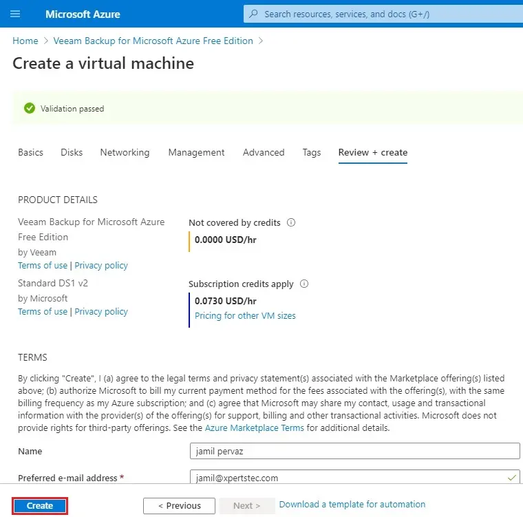 azure create a vm validation