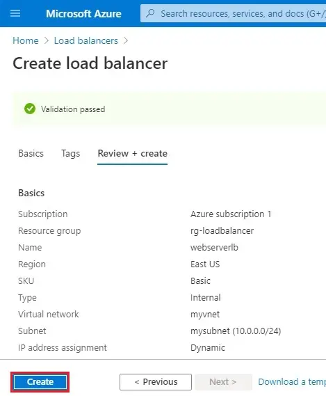 azure create load balancer validation