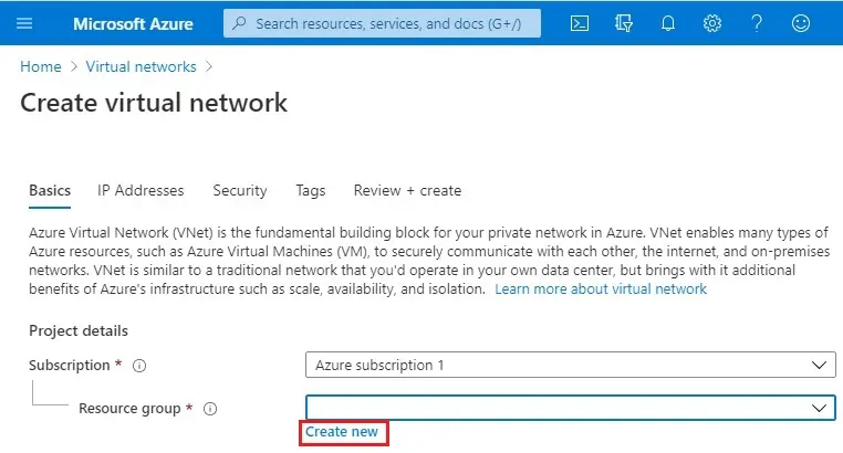 azure create virtual network