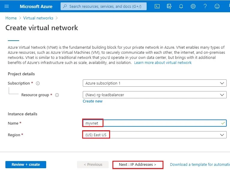 azure create virtual network