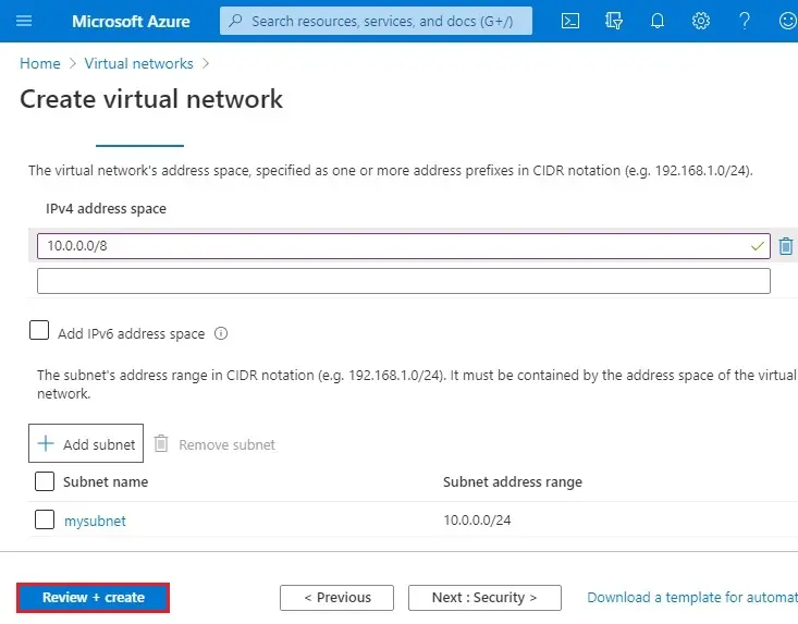 azure create virtual network ip address