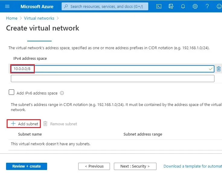 azure create virtual network ip address