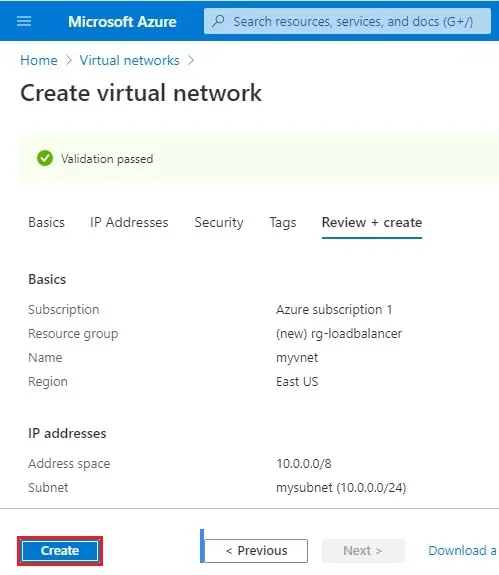 azure create virtual network validation