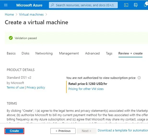 azure create vm review + create