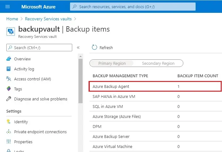 azure recovery service vault backup items