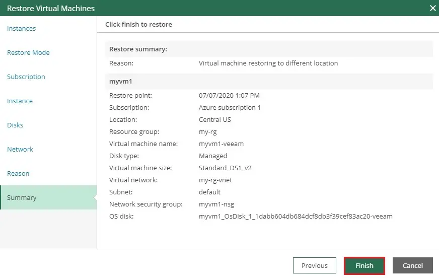 azure veeam restore vm summary