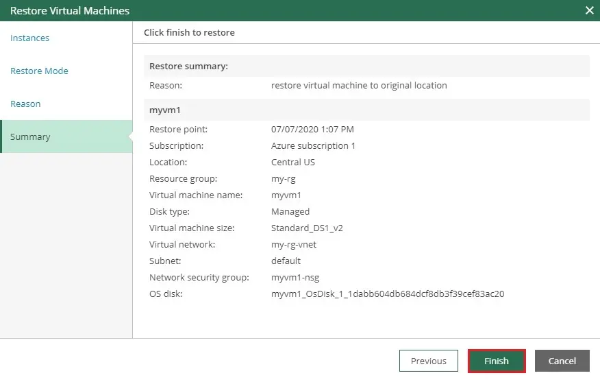 azure veeam restore vm summary