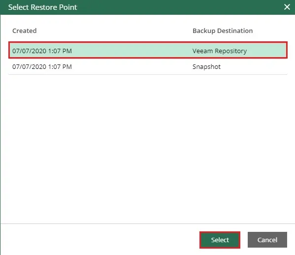 azure veeam select restore point