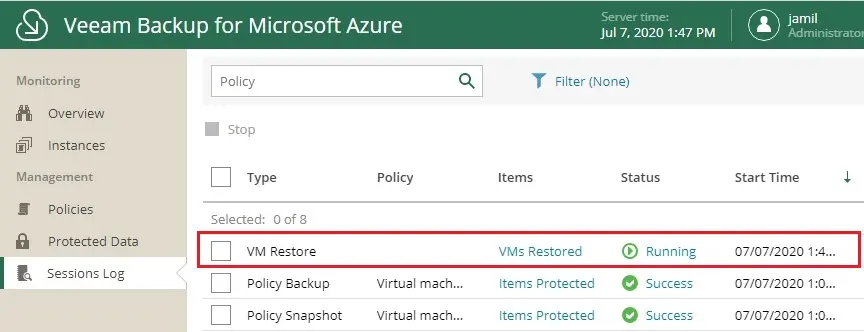 azure veeam session logs