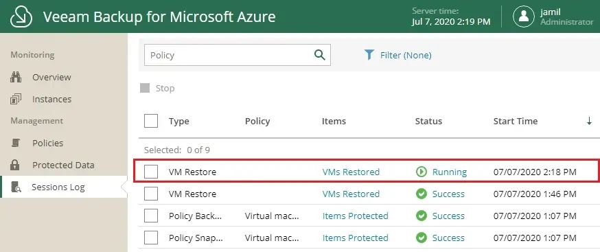 azure veeam session logs