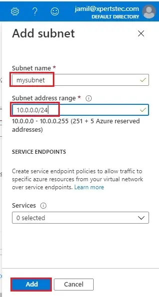 azure vnet add subnet