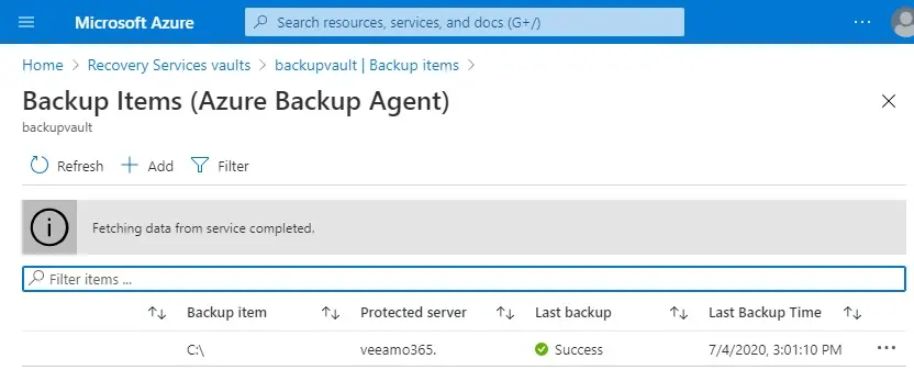 backup items azure backup agent