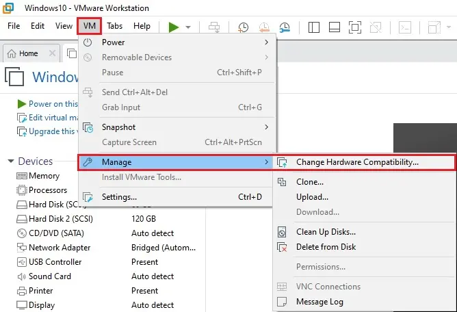 change hardware compatibility vmware