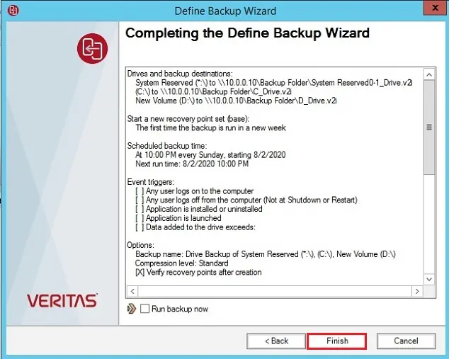 completing the define backup wizard