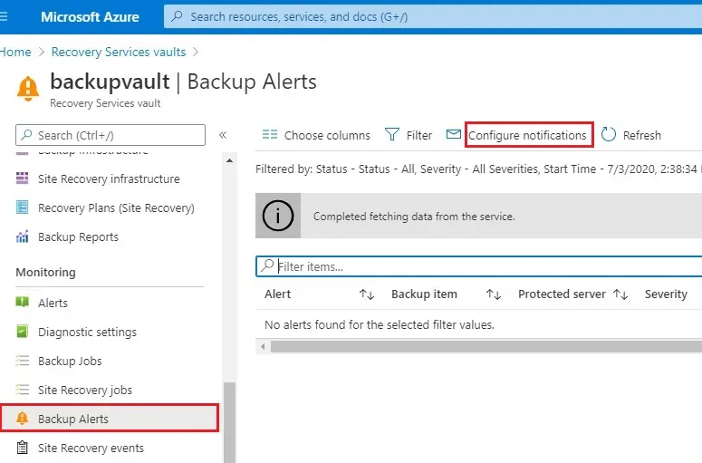 configure azure backup alerts