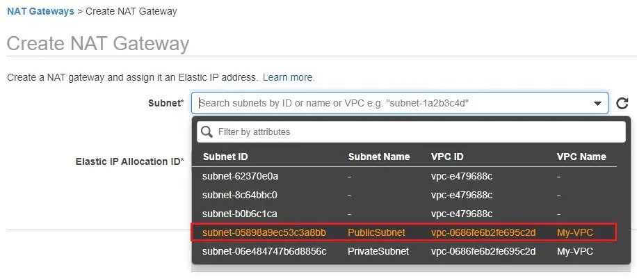 create nat gateway and assign