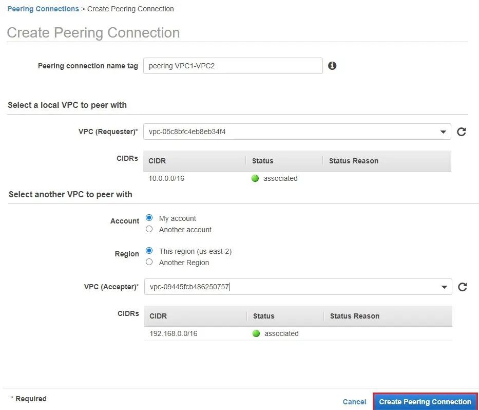 create peering connection aws