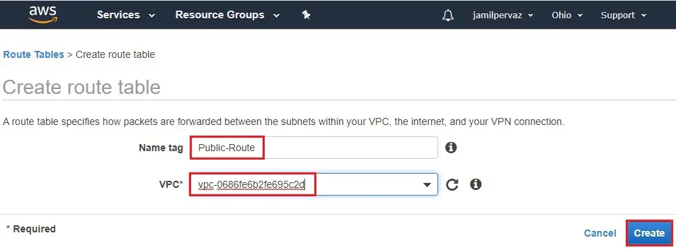 create route table name