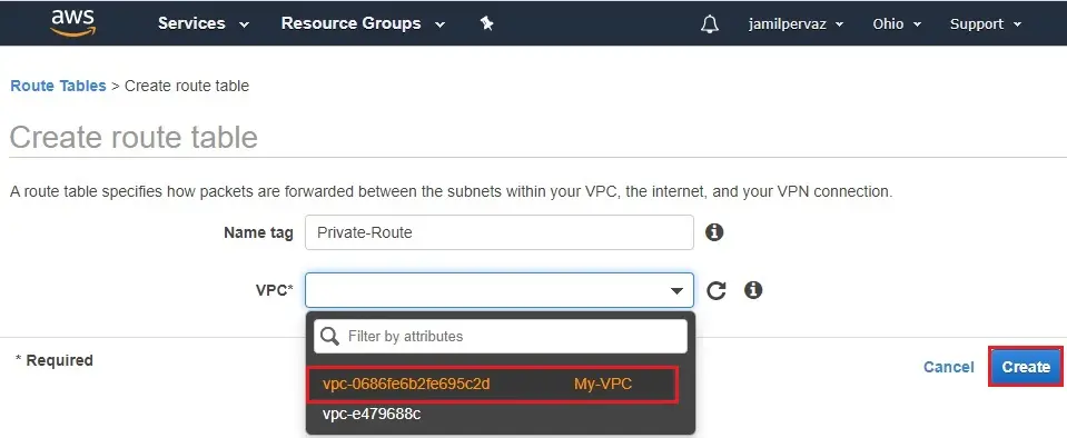 create route table name