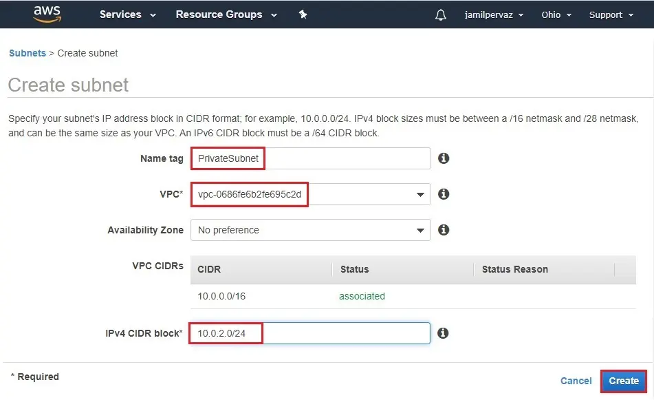 create subnet aws