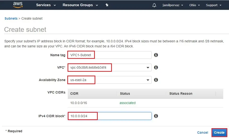 create subnet aws