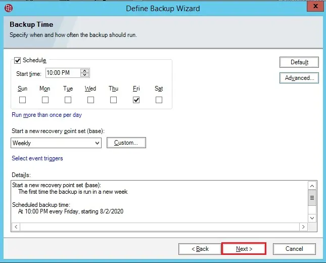 define backup wizard backup times