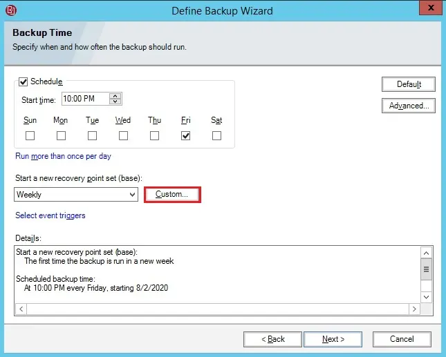 define backup wizard backup times