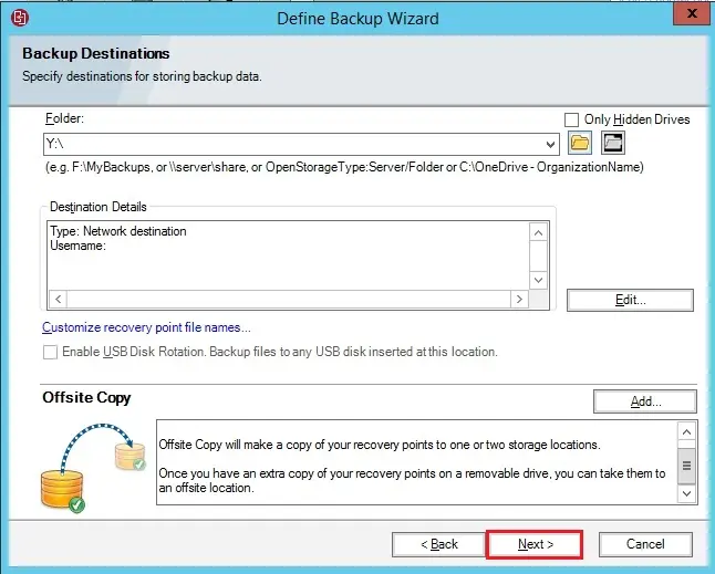 define backup wizard destination